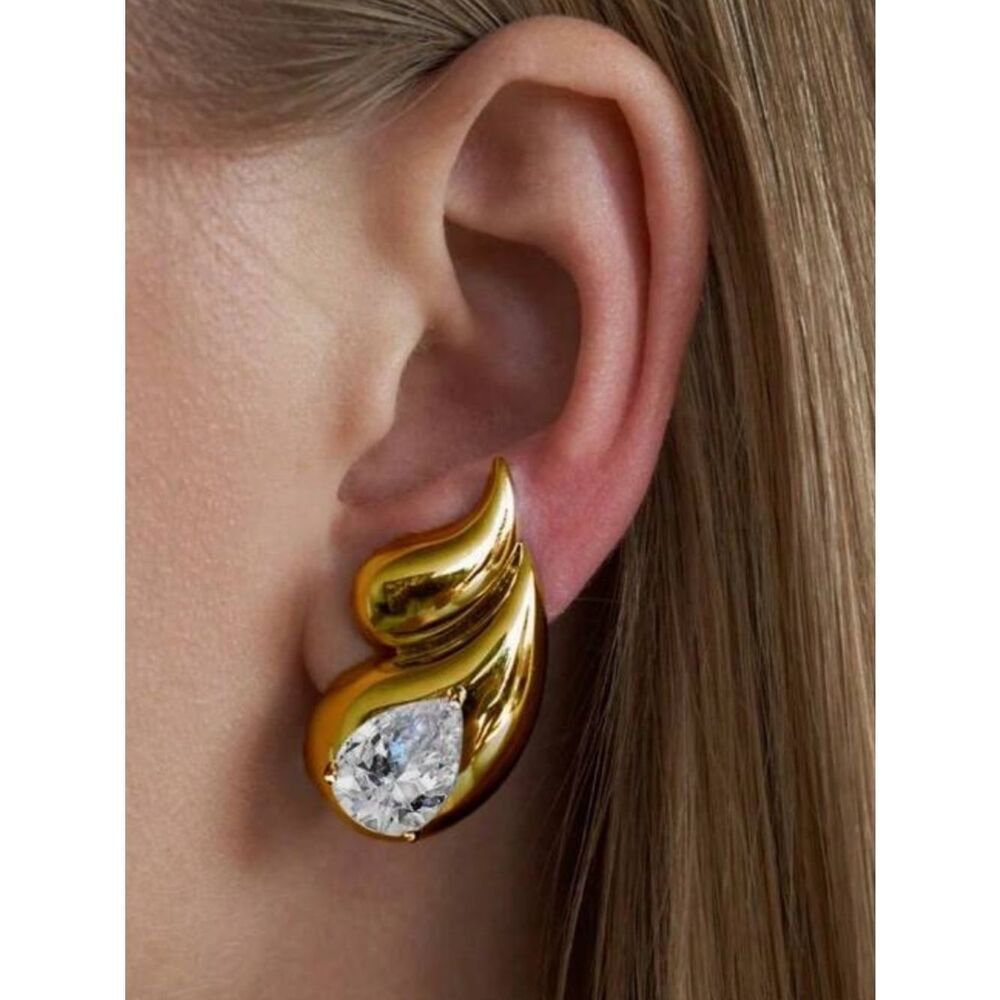 Gold Teardrop Wing Stud Earrings with Clear Stone - Women Jewelry R 502